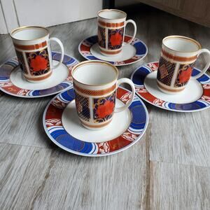 Vintage Fitz and Floyd Japanese Gold Trim Coffee Mugs w/ Saucers Set of 4